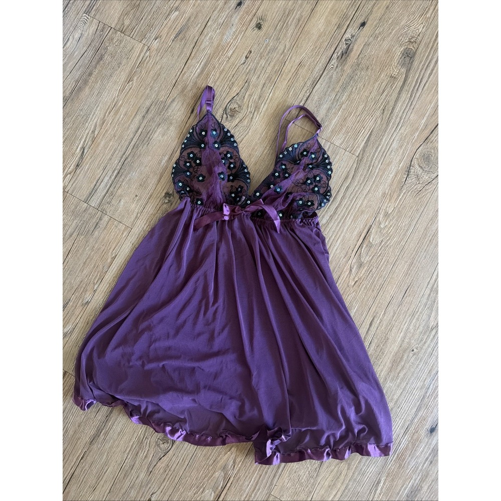 purple lingerie Babydoll Sheer Satin Sequins Bows Sexy Size XL Adjustable Straps